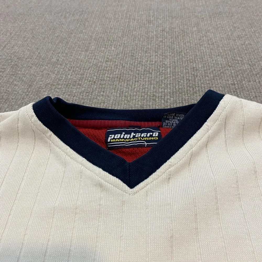 VTG Point Zero Sweater Men Large White V Neck Ribbed Knit Pullover Skater Grunge
